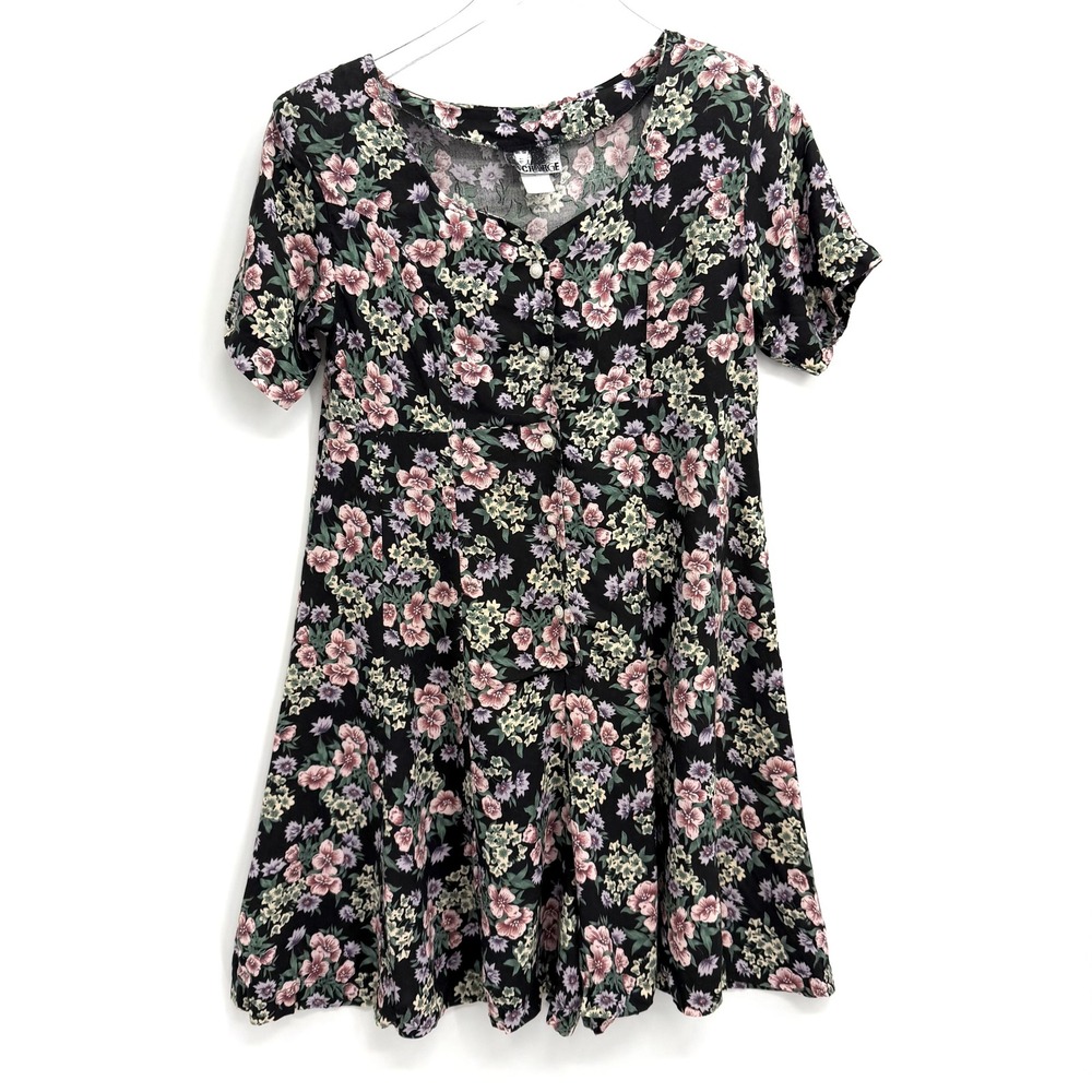 Vintage 90s Dark Floral Mini Romper Dress Size M Black Pink Coquette Cottage